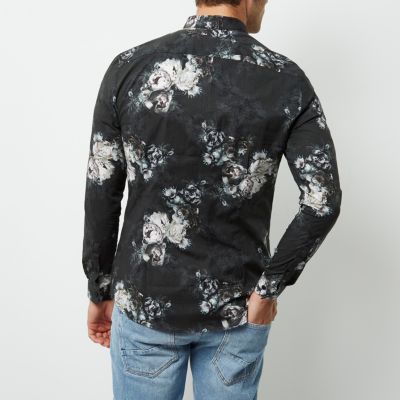 Black floral print muscle fit shirt